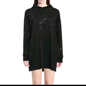 Cavalli Class Size XS Black Logo Print Cotton Hooded Mini Dress MSRP $325